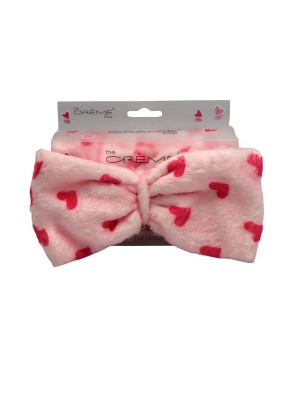 The Crème Shop Teddy Headband Plush Spa Headband Red Hearts on Pink Bow